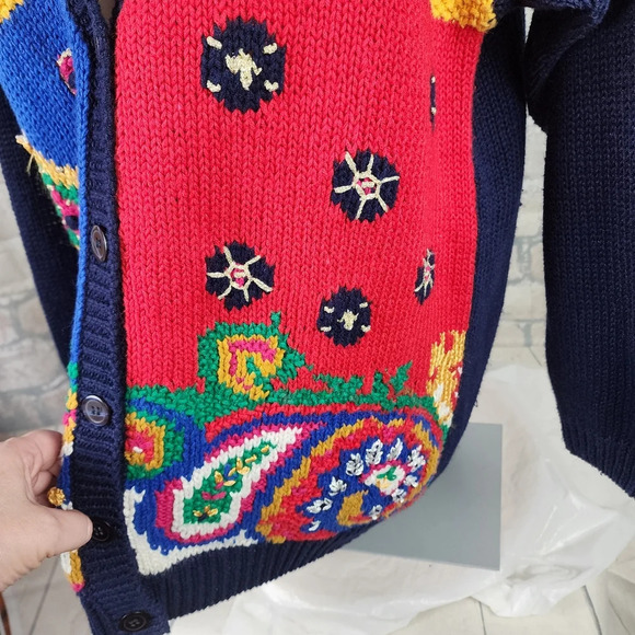 Vintage Chaus Embroidered Preppy  Cardigan Paisley Plaid Cotton Navy Size Large - Picture 8 of 14